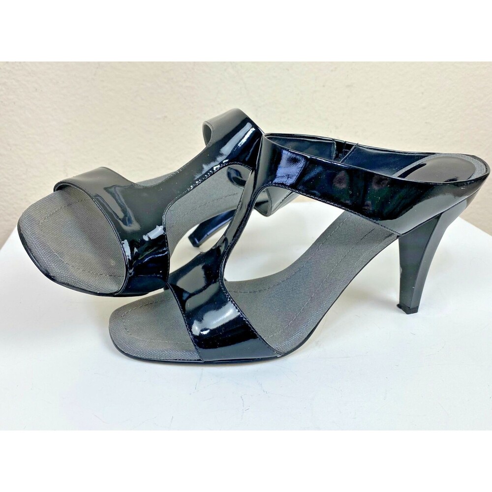 Nine West Elettra Black Patent Leather T Strap Mule High Heel Sandal 6.5 M